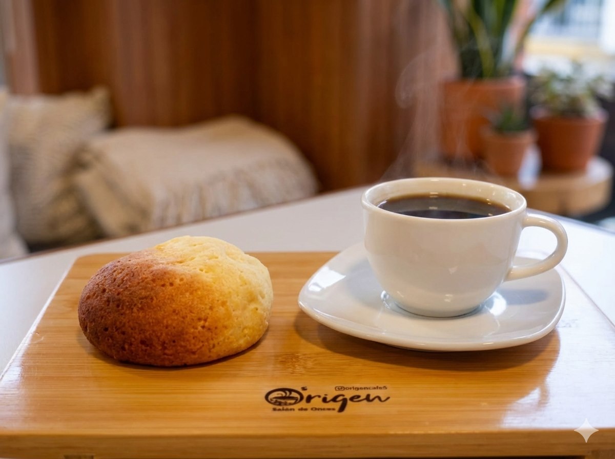 Tinto, almojábana y queso servidos en Origen